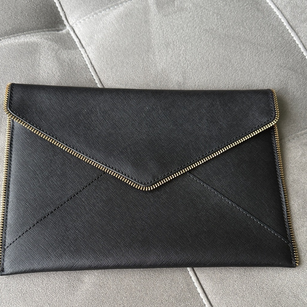 Rebecca Minkoff Black Leather Envelope Clutch with zipper detail
